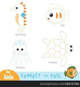 Connect the dots, education game for children. Set of sea animals - Octopus, Tortoise, Fish, Sea horse