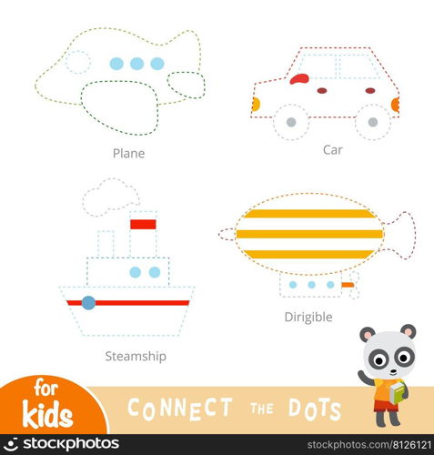 Connect the dots, education game for children. Transport set - Car, Airplane, Airship, Steamship