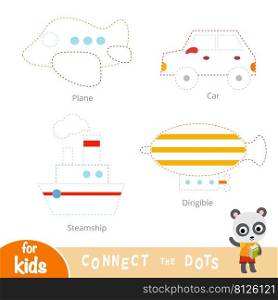 Connect the dots, education game for children. Transport set - Car, Airplane, Airship, Steamship