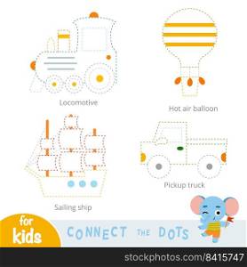 Connect the dots, education game for children. Transport set - Sailing ship, Balloon, Pickup, Train