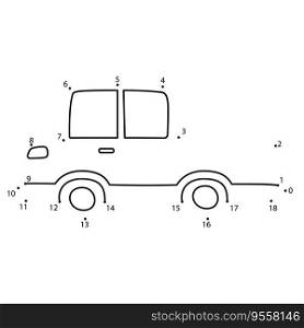 Connect the dots game. Car printable worksheet for kids. Can be used as children coloring book. Stock vector illustration isolated on white in black outline style.. Connect the dots game. Car printable worksheet for kids. Can be used as children coloring book.