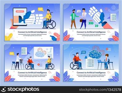 Connect to Artificial Intelligence Banner Set. Robotic Arm, Human Hand, Mobile Assistant for Disabled People. Innovation, Future Engineering and High Technology. Vector Cartoon Illustration. Artificial Intelligence for Disabled Banner Set