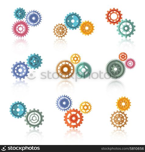 Connected Color Gears Icons Set. Connected color gears on two-three icons set isolated vector illustration