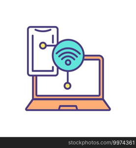 Connected devices RGB color icon. Connecting multiple devices. Transmitting and sharing data over WiFi network. Smartphone, tablet and computer wireless connection. Isolated vector illustration. Connected devices RGB color icon