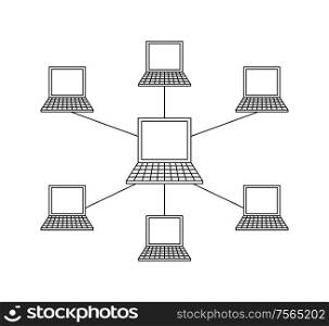 Connected laptops, wifi Internet wireless link vector. Portable computers linked to main device monochrome isolated outline icon, corporative network. Connected Laptops, Wifi Internet Wireless Link