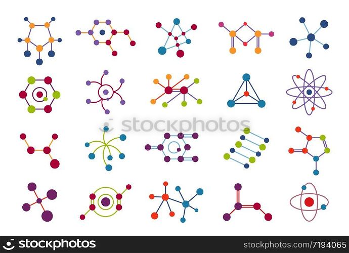 Connected molecules. Color molecular structure, connection model dna interaction, biochemistry particle connect shapes diagram, flat vector set. Connected molecules. Color molecular structure, connection model dna interaction, biochemistry particle connect diagram, flat vector set