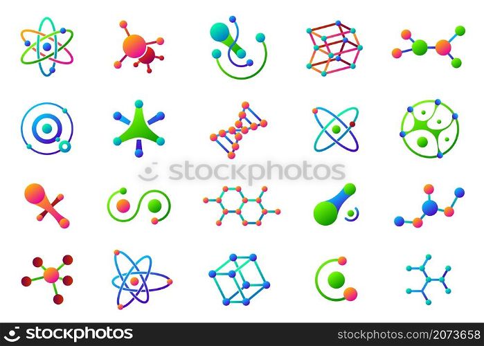 Connected molecules. Structure molecule, logo medical science. Isolated chemical symbols, technology logotype. Colorful bio recent vector icons. Illustration molecule medical, dna research. Connected molecules. Structure molecule, logo medical science. Isolated chemical symbols, technology logotype. Colorful bio recent vector icons