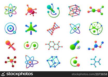 Connected molecules. Structure molecule, logo medical science. Isolated chemical symbols, technology logotype. Colorful bio recent vector icons. Illustration molecule medical, dna research. Connected molecules. Structure molecule, logo medical science. Isolated chemical symbols, technology logotype. Colorful bio recent vector icons
