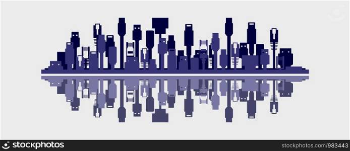 Connected world concept of a city skyline made up of device cables in flat design vector