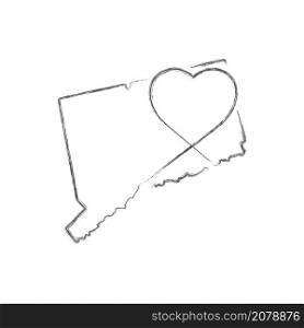 Connecticut US state hand drawn pencil sketch outline map with heart shape. Continuous line drawing of patriotic home sign. A love for a small homeland. T-shirt print idea. Vector illustration.. Connecticut US state hand drawn pencil sketch outline map with the handwritten heart shape. Vector illustration