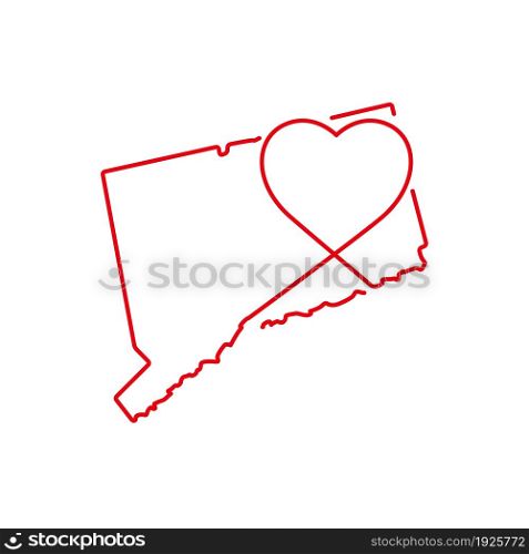 Connecticut US state red outline map with the handwritten heart shape. Continuous line drawing of patriotic home sign. A love for a small homeland. T-shirt print idea. Vector illustration.. Connecticut US state red outline map with the handwritten heart shape. Vector illustration