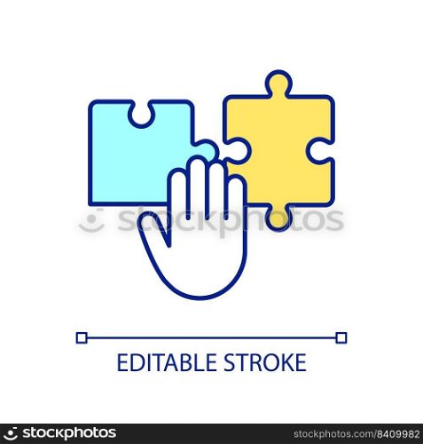 Connecting two details RGB color icon. Puzzle game. Parts arrangement. Integration and combination. Isolated vector illustration. Simple filled line drawing. Editable stroke. Arial font used. Connecting two details RGB color icon