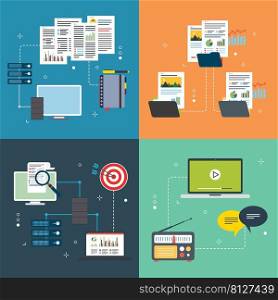Connection, backup, report, sharing, communication and computer icons. Concepts of  file connection, document backup, sharing equipment and system communication. Flat design icons in vector illustration.