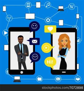 Connection between gadgets and people, Social network chatting .Flat Vector illustration. Connection between gadgets and people, Social network chatting