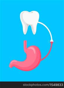 Connection between human tooth and stomach concept. Oral health is directly connected to digestive health. Vector Illustration design isolated on blue background.