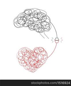 Connection between logic and emotion concept. Hand drawn doodle style of Brain and heart. Vector illustration design isolated on white background.
