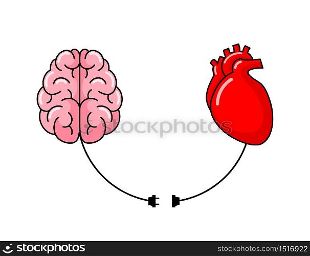 Connection between logic and emotion concept. Human brain and human heart. Illustration design isolated on white background.