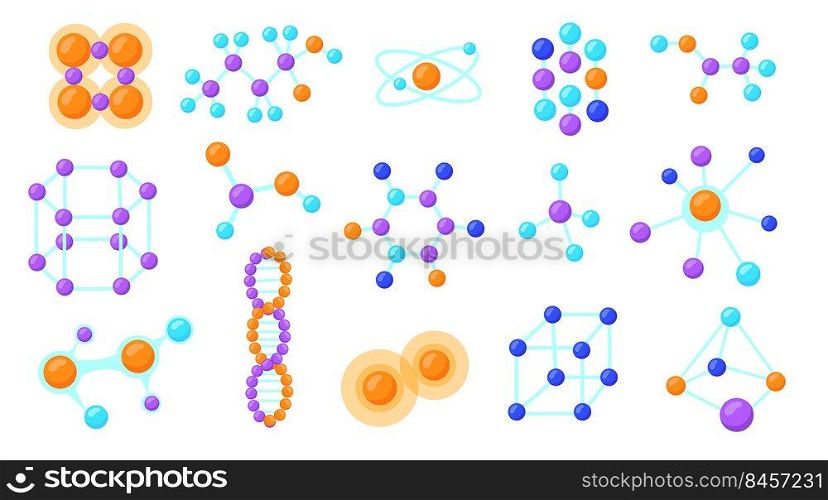 Connections of molecular particles illustrations set. Different molecule construction models of various shapes isolated on white background. Biology, microbiology, chemistry concept