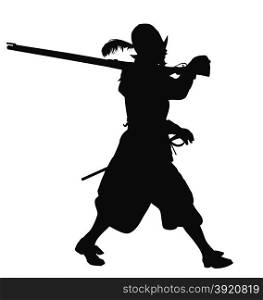 Conquistador marching. Warriors Theme. Conquistador with musket marching. Detailed vector silhouette. EPS 8