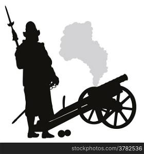 Conquistador with cannon detailed vector silhouette. EPS 8