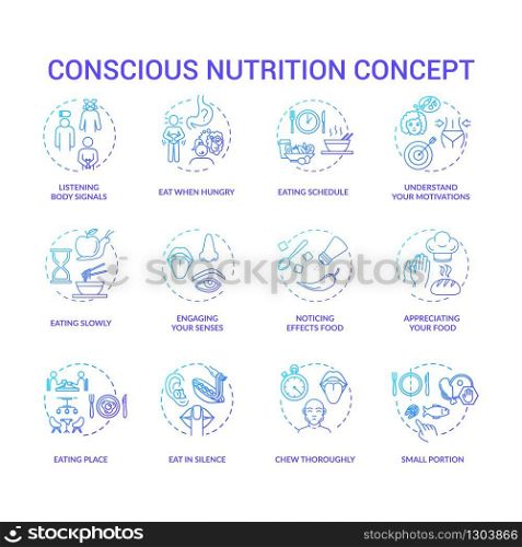 Conscious nutrition concept icons set. Mindful eating, careful and attentive food consumption idea thin line RGB color illustrations. Vector isolated outline drawings