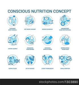 Conscious nutrition concept icons set. Mindful eating, careful and attentive food consumption idea thin line RGB color illustrations. Vector isolated outline drawings. Editable stroke