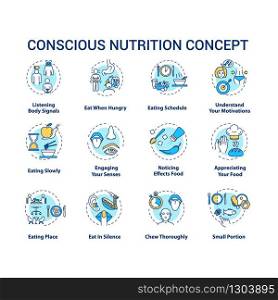 Conscious nutrition concept icons set. Mindful eating, careful and attentive food consumption idea thin line RGB color illustrations. Vector isolated outline drawings. Editable stroke