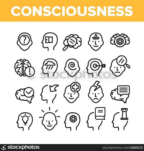 Consciousness Collection Elements Icons Set Vector Thin Line. Human Silhouette With Light Bulb And Leaves And Question Mark Consciousness Concept Linear Pictograms. Monochrome Contour Illustrations. Consciousness Collection Elements Icons Set Vector