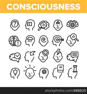 Consciousness Collection Elements Icons Set Vector Thin Line. Human Silhouette With Light Bulb And Leaves And Question Mark Consciousness Concept Linear Pictograms. Monochrome Contour Illustrations. Consciousness Collection Elements Icons Set Vector