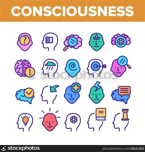 Consciousness Collection Elements Icons Set Vector Thin Line. Human Silhouette With Light Bulb And Leaves And Question Mark Consciousness Concept Linear Pictograms. Color Contour Illustrations. Consciousness Color Elements Icons Set Vector