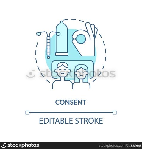 Consent turquoise concept icon. Foundation of healthy relationships abstract idea thin line illustration. Sexual activity. Isolated outline drawing. Editable stroke. Arial, Myriad Pro-Bold fonts used. Consent turquoise concept icon