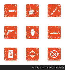 Consequence of war icons set. Grunge set of 9 consequence of war vector icons for web isolated on white background. Consequence of war icons set, grunge style