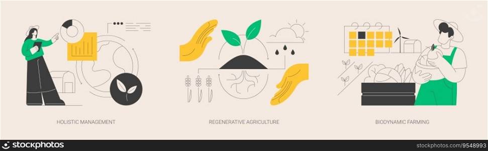 Conservation and rehabilitation farming system abstract concept vector illustration set. Holistic management, regenerative agriculture, biodynamic farming, ecological biodiversity abstract metaphor.. Conservation and rehabilitation farming system abstract concept vector illustrations.