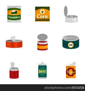 Conserve food icon set. Flat set of 9 conserve food vector icons for web design. Conserve food icon set, flat style