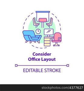 Consider office layout concept icon. Comfortable workspace for employees abstract idea thin line illustration. Isolated outline drawing. Editable stroke. Roboto-Medium, Myriad Pro-Bold fonts used. Consider office layout concept icon