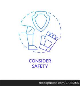 Consider safety blue gradient concept icon. Improving joint health naturally tip abstract idea thin line illustration. Physical activity. Isolated outline drawing. Myriad Pro-Bold font used. Consider safety blue gradient concept icon