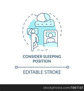 Consider sleeping position blue concept icon. Choosing mattress abstract idea thin line illustration. Spine health. Comfortable bed. Vector isolated outline color drawing. Editable stroke. Consider sleeping position blue concept icon