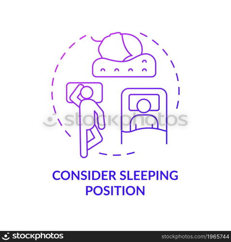 Consider sleeping position purple gradient concept icon. Choosing mattress abstract idea thin line illustration. Sleepers pose. Spine health. Comfortable bed. Vector isolated outline color drawing. Consider sleeping position purple gradient concept icon