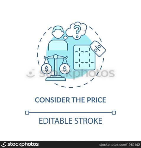 Consider the price blue concept icon. Choosing mattress abstract idea thin line illustration. Investment in sleeping comfort. Spine health. Vector isolated outline color drawing. Editable stroke. Consider the price blue concept icon