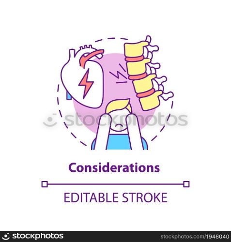 Considerations concept icon. Pulmonary rehabilitation abstract idea thin line illustration. Treatment difficulties awareness. Vector isolated outline color drawing. Editable stroke. Considerations concept icon