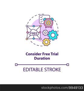 Considering free trial duration concept icon. SaaS trial marketing idea thin line illustration. Access to content without any restriction. Vector isolated outline RGB color drawing. Editable stroke. Considering free trial duration concept icon