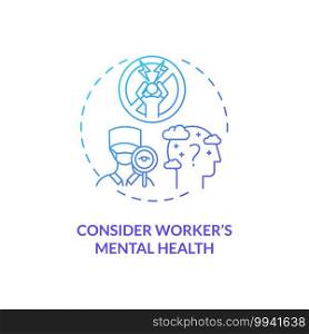 Considering worker mental health concept icon. Staff reboarding idea thin line illustration. Promoting good mental health practices. Safety, welfare. Vector isolated outline RGB color drawing. Considering worker mental health concept icon