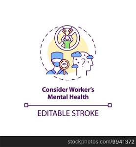 Considering worker mental health concept icon. Staff reboarding idea thin line illustration. Workplace performance issue. Safety, welfare. Vector isolated outline RGB color drawing. Editable stroke. Considering worker mental health concept icon