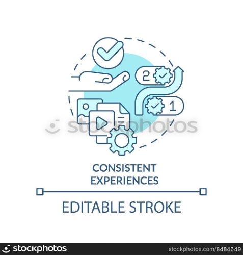 Consistent experiences turquoise concept icon. Customer service. Content design tip abstract idea thin line illustration. Isolated outline drawing. Editable stroke. Arial, Myriad Pro-Bold fonts used. Consistent experiences turquoise concept icon