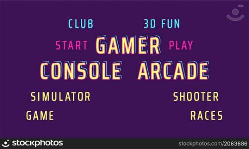 Console arcade word collage. Gamer word. Vector decorative typography. Decorative typeset style. Latin script for headers. Trendy message for graphic posters, banners, invitations texts. Console arcade word collage