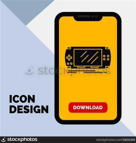 Console, device, game, gaming, psp Glyph Icon in Mobile for Download Page. Yellow Background. Vector EPS10 Abstract Template background