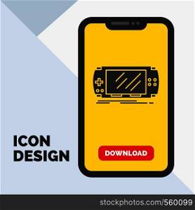 Console, device, game, gaming, psp Glyph Icon in Mobile for Download Page. Yellow Background. Vector EPS10 Abstract Template background
