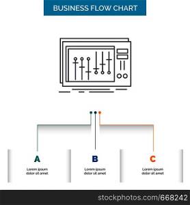 Console, dj, mixer, music, studio Business Flow Chart Design with 3 Steps. Line Icon For Presentation Background Template Place for text. Vector EPS10 Abstract Template background