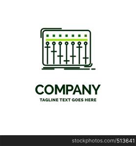 Console, dj, mixer, music, studio Flat Business Logo template. Creative Green Brand Name Design.
