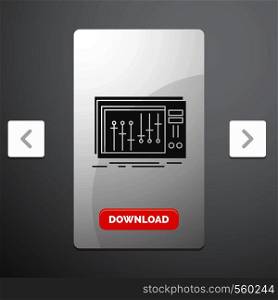 Console, dj, mixer, music, studio Glyph Icon in Carousal Pagination Slider Design & Red Download Button. Vector EPS10 Abstract Template background